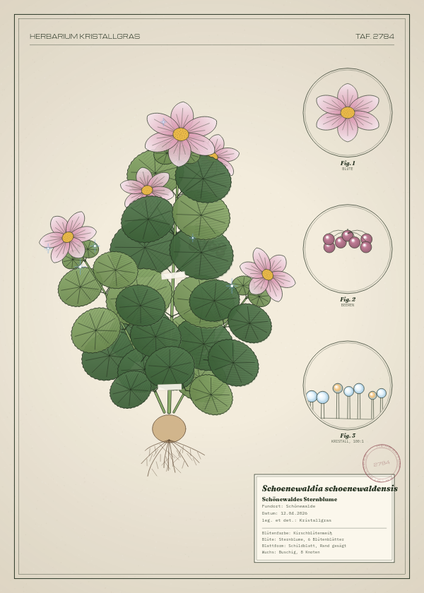 Botanische Tafel: Schoenewaldia schoenewaldensis, eine erfundene Pflanze aus Schönewalde, gezeichnet wie in einem alten Pflanzenatlas