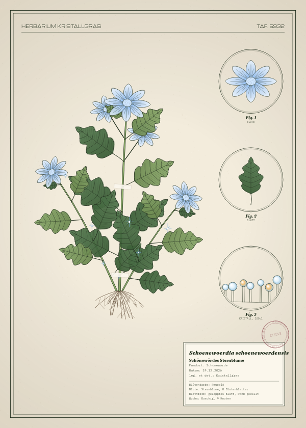 Botanische Tafel: Schoenewoerdia schoenewoerdensis, eine erfundene Pflanze aus Schönewörde, gezeichnet wie in einem alten Pflanzenatlas