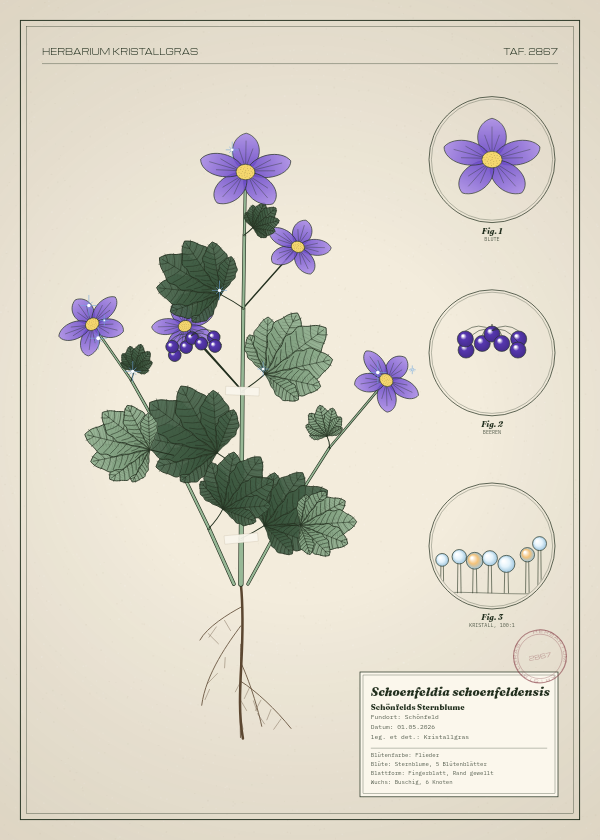Botanische Tafel: Schoenfeldia schoenfeldensis, eine erfundene Pflanze aus Schönfeld, gezeichnet wie in einem alten Pflanzenatlas