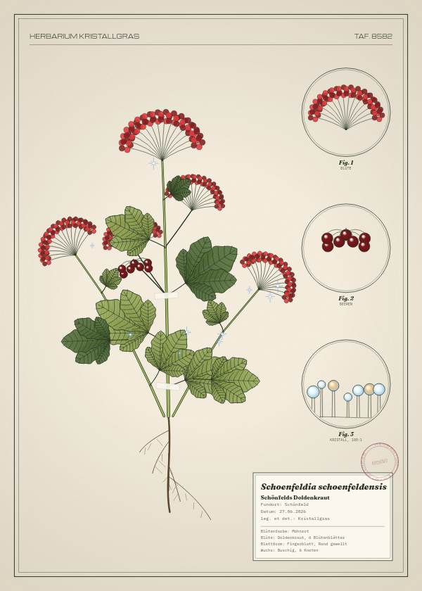 Botanische Tafel: Schoenfeldia schoenfeldensis, eine erfundene Pflanze aus Schönfeld, gezeichnet wie in einem alten Pflanzenatlas