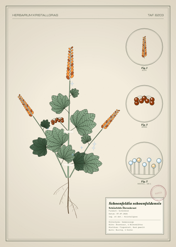 Botanische Tafel: Schoenfeldia schoenfeldensis, eine erfundene Pflanze aus Schönfeld, gezeichnet wie in einem alten Pflanzenatlas
