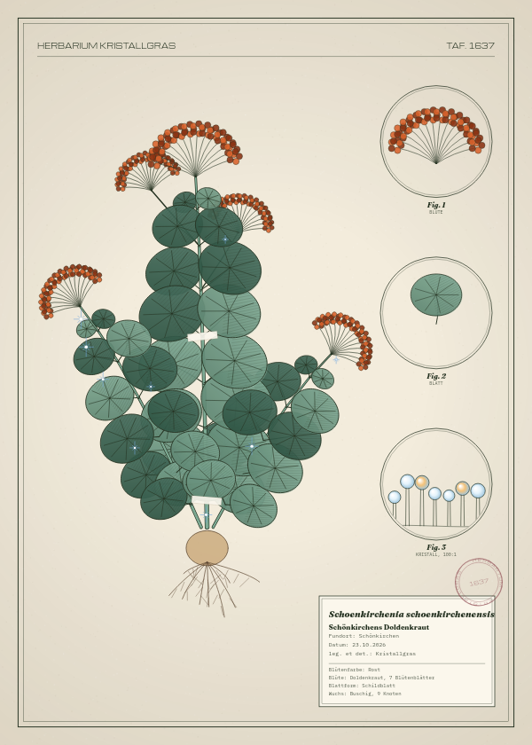 Botanische Tafel: Schoenkirchenia schoenkirchenensis, eine erfundene Pflanze aus Schönkirchen, gezeichnet wie in einem alten Pflanzenatlas