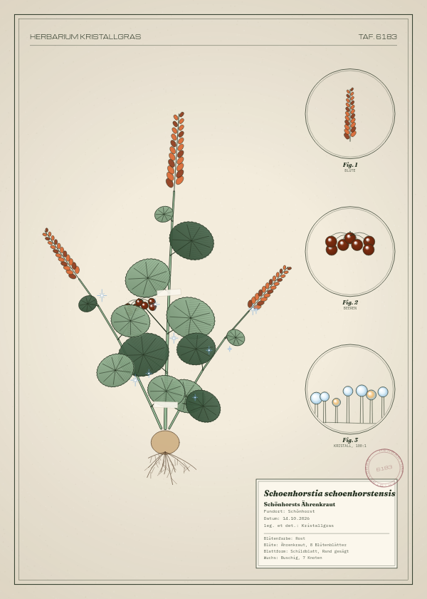 Botanische Tafel: Schoenhorstia schoenhorstensis, eine erfundene Pflanze aus Schönhorst, gezeichnet wie in einem alten Pflanzenatlas