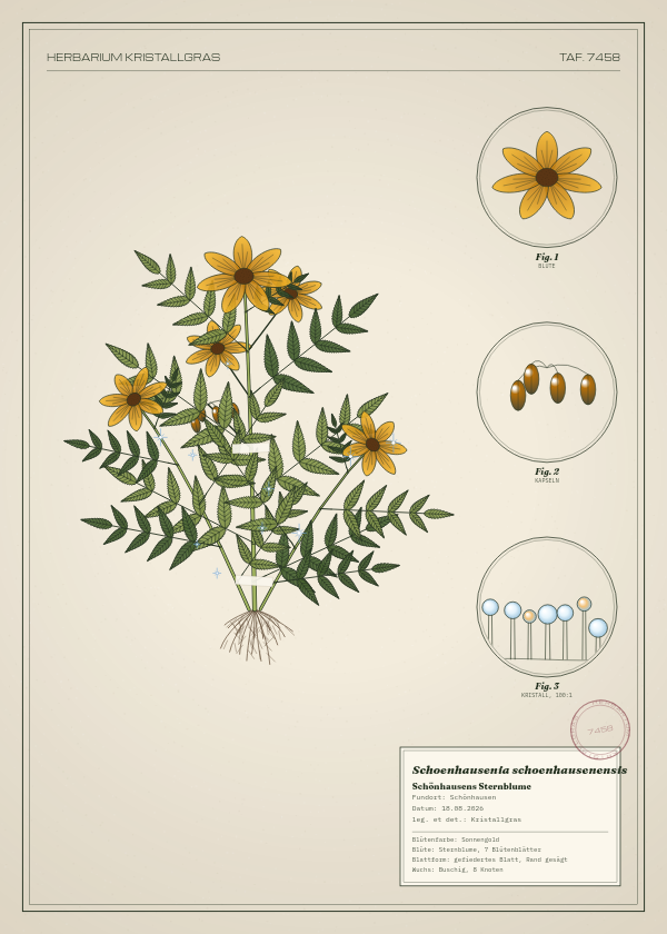 Botanische Tafel: Schoenhausenia schoenhausenensis, eine erfundene Pflanze aus Schönhausen, gezeichnet wie in einem alten Pflanzenatlas