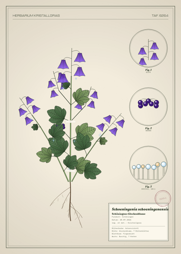 Botanische Tafel: Schoeningenia schoeningenensis, eine erfundene Pflanze aus Schöningen, gezeichnet wie in einem alten Pflanzenatlas