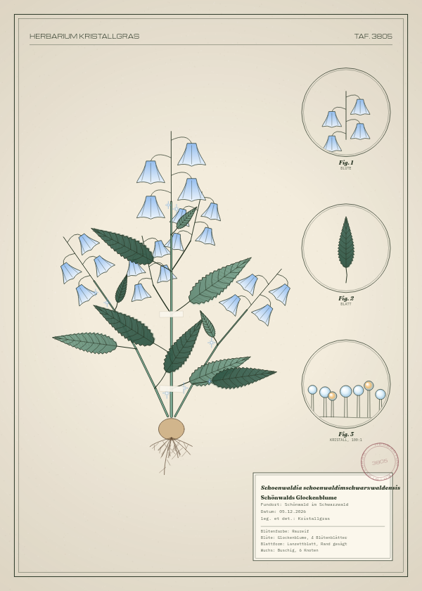 Botanische Tafel: Schoenwaldia schoenwaldimschwarzwaldensis, eine erfundene Pflanze aus Schönwald im Schwarzwald, gezeichnet wie in einem alten Pflanzenatlas