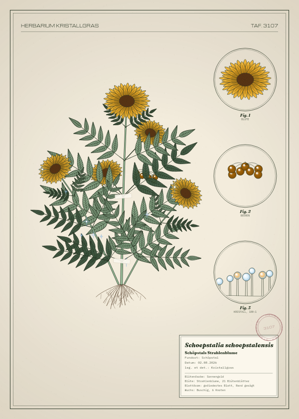 Botanische Tafel: Schoepstalia schoepstalensis, eine erfundene Pflanze aus Schöpstal, gezeichnet wie in einem alten Pflanzenatlas