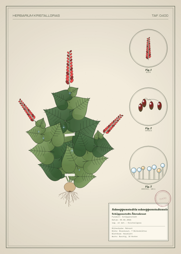 Botanische Tafel: Schoeppenstedtia schoeppenstedtensis, eine erfundene Pflanze aus Schöppenstedt, gezeichnet wie in einem alten Pflanzenatlas