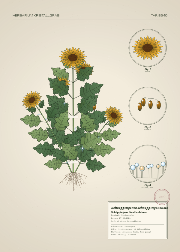 Botanische Tafel: Schoeppingenia schoeppingenensis, eine erfundene Pflanze aus Schöppingen, gezeichnet wie in einem alten Pflanzenatlas