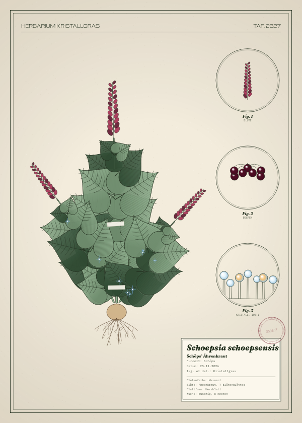 Botanische Tafel: Schoepsia schoepsensis, eine erfundene Pflanze aus Schöps, gezeichnet wie in einem alten Pflanzenatlas