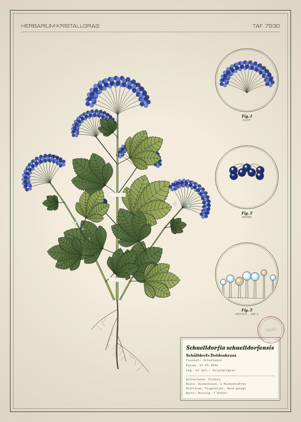 Botanische Tafel: Schuelldorfia schuelldorfensis, eine erfundene Pflanze aus Schülldorf, gezeichnet wie in einem alten Pflanzenatlas
