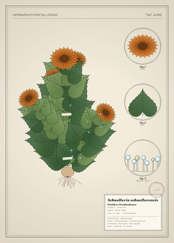 Botanische Tafel: Schuelleria schuellerensis, eine erfundene Pflanze aus Schüller, gezeichnet wie in einem alten Pflanzenatlas