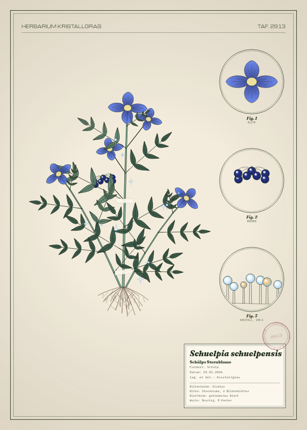 Botanische Tafel: Schuelpia schuelpensis, eine erfundene Pflanze aus Schülp, gezeichnet wie in einem alten Pflanzenatlas
