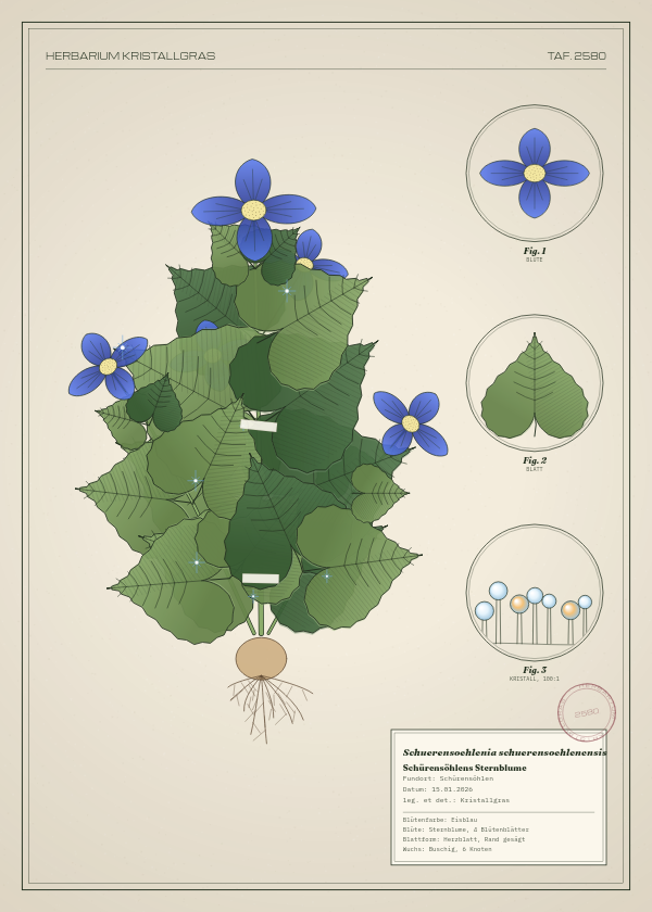 Botanische Tafel: Schuerensoehlenia schuerensoehlenensis, eine erfundene Pflanze aus Schürensöhlen, gezeichnet wie in einem alten Pflanzenatlas
