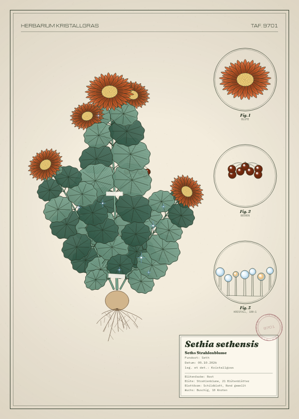 Botanische Tafel: Sethia sethensis, eine erfundene Pflanze aus Seth, gezeichnet wie in einem alten Pflanzenatlas