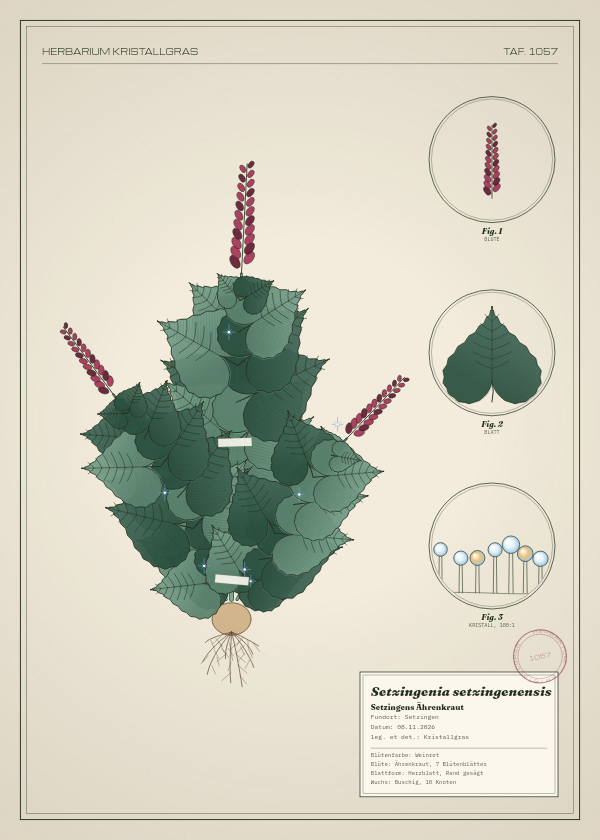 Botanische Tafel: Setzingenia setzingenensis, eine erfundene Pflanze aus Setzingen, gezeichnet wie in einem alten Pflanzenatlas