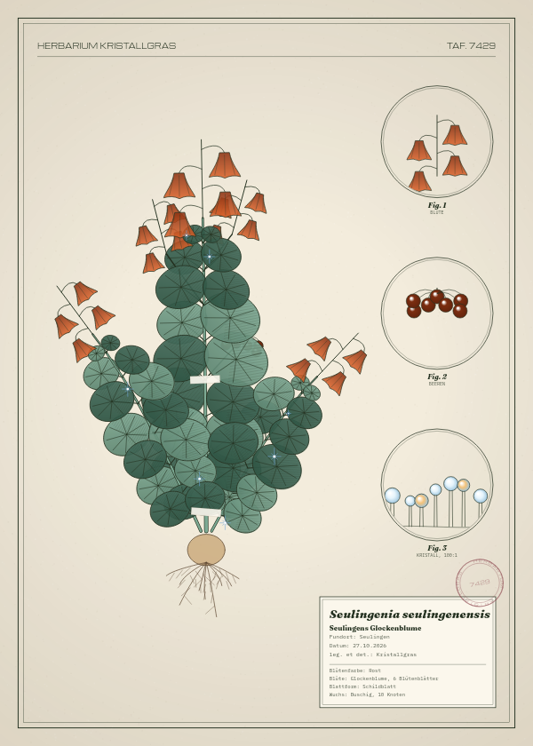 Botanische Tafel: Seulingenia seulingenensis, eine erfundene Pflanze aus Seulingen, gezeichnet wie in einem alten Pflanzenatlas