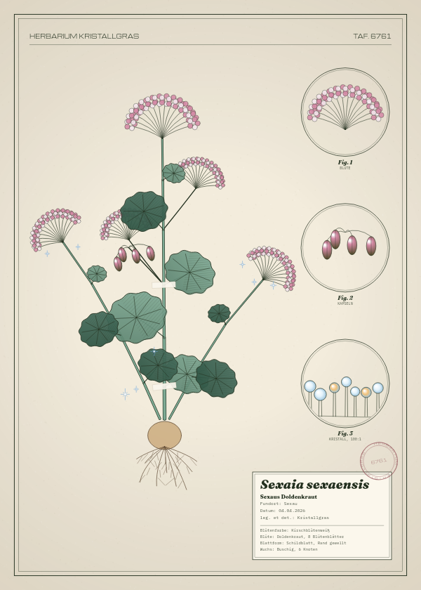Botanische Tafel: Sexaia sexaensis, eine erfundene Pflanze aus Sexau, gezeichnet wie in einem alten Pflanzenatlas