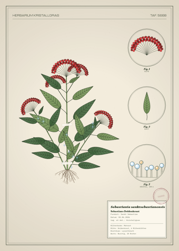 Botanische Tafel: Sebastiania sanktsebastianensis, eine erfundene Pflanze aus Sankt Sebastian, gezeichnet wie in einem alten Pflanzenatlas