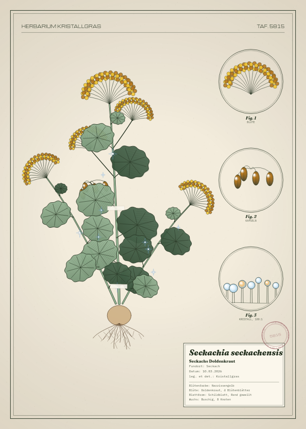 Botanische Tafel: Seckachia seckachensis, eine erfundene Pflanze aus Seckach, gezeichnet wie in einem alten Pflanzenatlas