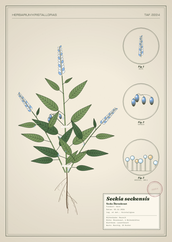 Botanische Tafel: Seckia seckensis, eine erfundene Pflanze aus Seck, gezeichnet wie in einem alten Pflanzenatlas
