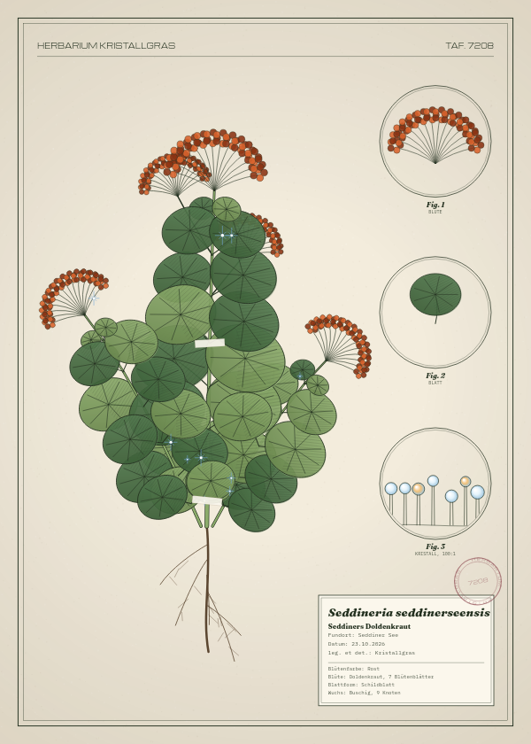 Botanische Tafel: Seddineria seddinerseensis, eine erfundene Pflanze aus Seddiner See, gezeichnet wie in einem alten Pflanzenatlas