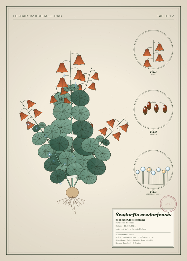 Botanische Tafel: Seedorfia seedorfensis, eine erfundene Pflanze aus Seedorf, gezeichnet wie in einem alten Pflanzenatlas