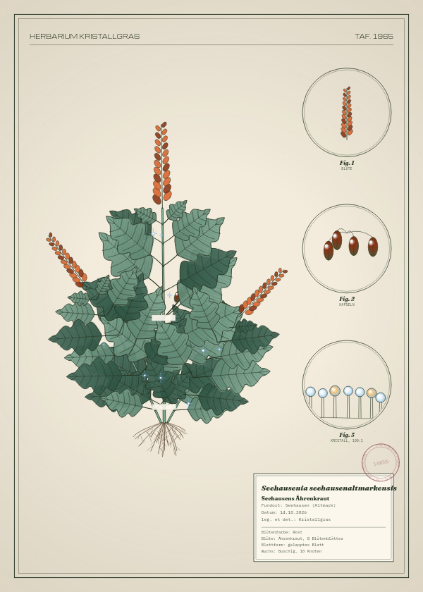 Botanische Tafel: Seehausenia seehausenaltmarkensis, eine erfundene Pflanze aus Seehausen (Altmark), gezeichnet wie in einem alten Pflanzenatlas