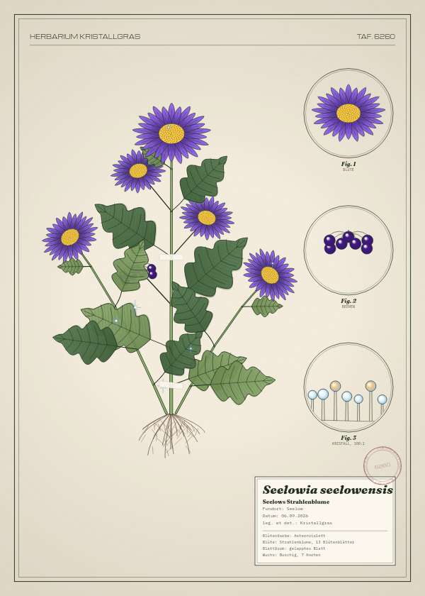 Botanische Tafel: Seelowia seelowensis, eine erfundene Pflanze aus Seelow, gezeichnet wie in einem alten Pflanzenatlas