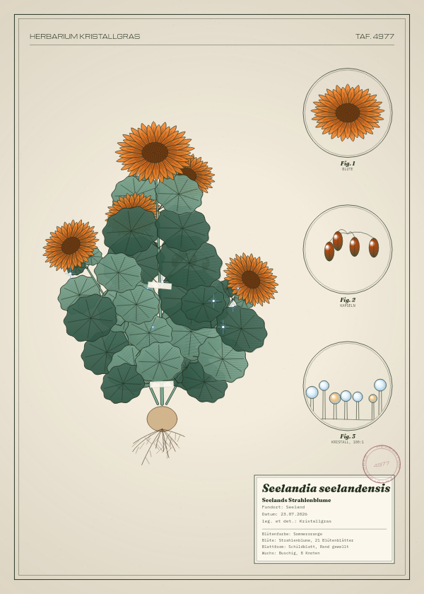 Botanische Tafel: Seelandia seelandensis, eine erfundene Pflanze aus Seeland, gezeichnet wie in einem alten Pflanzenatlas
