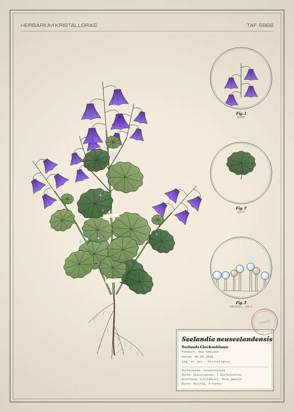 Botanische Tafel: Seelandia neuseelandensis, eine erfundene Pflanze aus Neu-Seeland, gezeichnet wie in einem alten Pflanzenatlas
