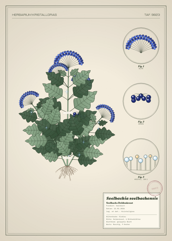 Botanische Tafel: Seelbachia seelbachensis, eine erfundene Pflanze aus Seelbach, gezeichnet wie in einem alten Pflanzenatlas