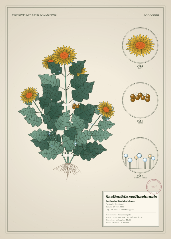 Botanische Tafel: Seelbachia seelbachensis, eine erfundene Pflanze aus Seelbach, gezeichnet wie in einem alten Pflanzenatlas