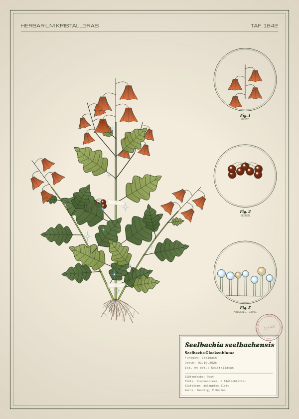 Botanische Tafel: Seelbachia seelbachensis, eine erfundene Pflanze aus Seelbach, gezeichnet wie in einem alten Pflanzenatlas