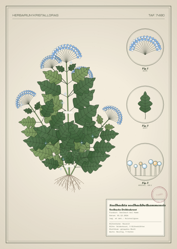 Botanische Tafel: Seelbachia seelbachbeihammensis, eine erfundene Pflanze aus Seelbach bei Hamm, gezeichnet wie in einem alten Pflanzenatlas