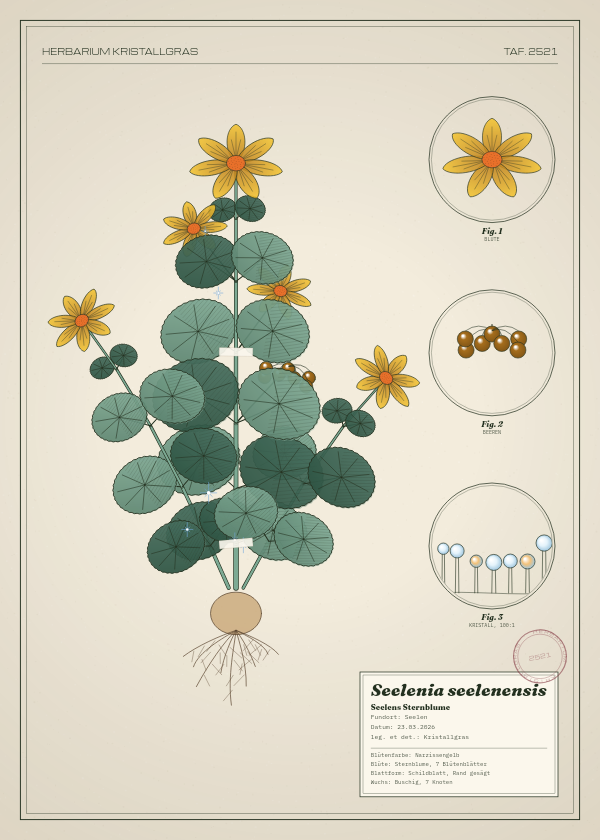 Botanische Tafel: Seelenia seelenensis, eine erfundene Pflanze aus Seelen, gezeichnet wie in einem alten Pflanzenatlas