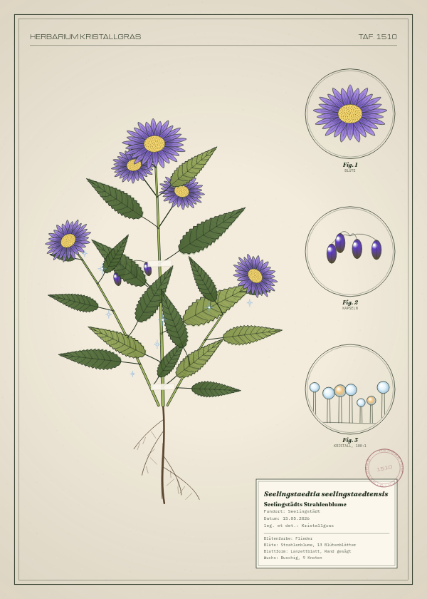 Botanische Tafel: Seelingstaedtia seelingstaedtensis, eine erfundene Pflanze aus Seelingstädt, gezeichnet wie in einem alten Pflanzenatlas