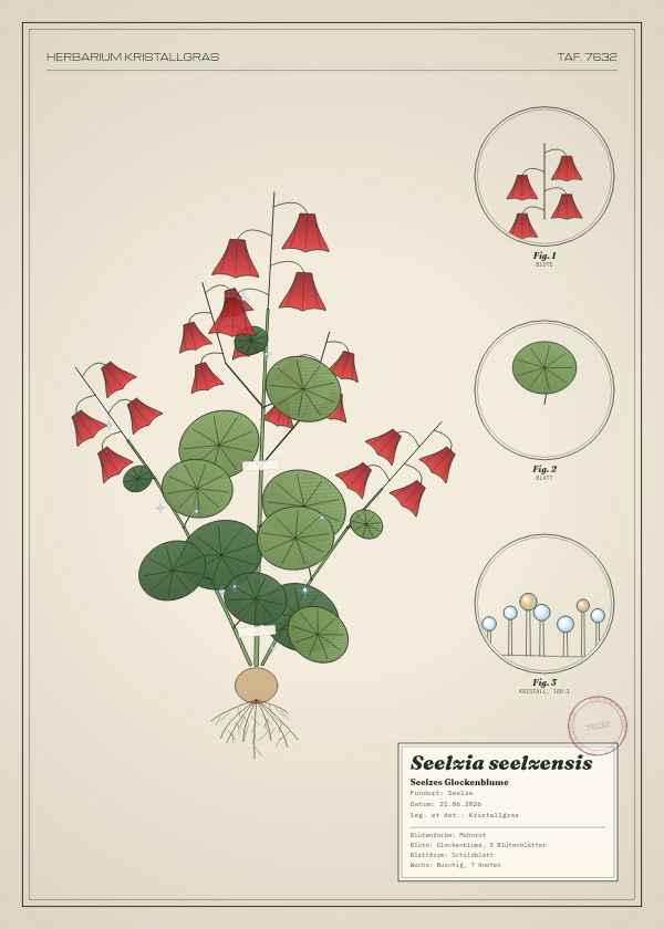 Botanische Tafel: Seelzia seelzensis, eine erfundene Pflanze aus Seelze, gezeichnet wie in einem alten Pflanzenatlas