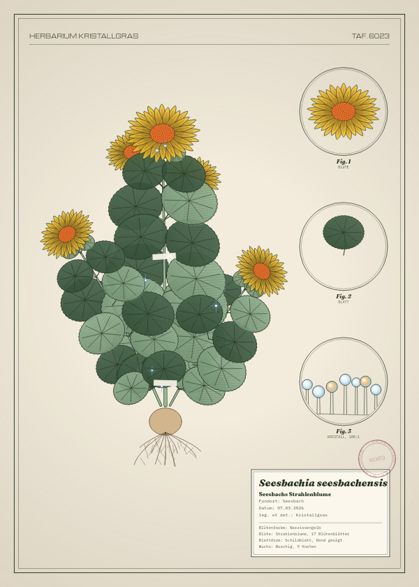 Botanische Tafel: Seesbachia seesbachensis, eine erfundene Pflanze aus Seesbach, gezeichnet wie in einem alten Pflanzenatlas