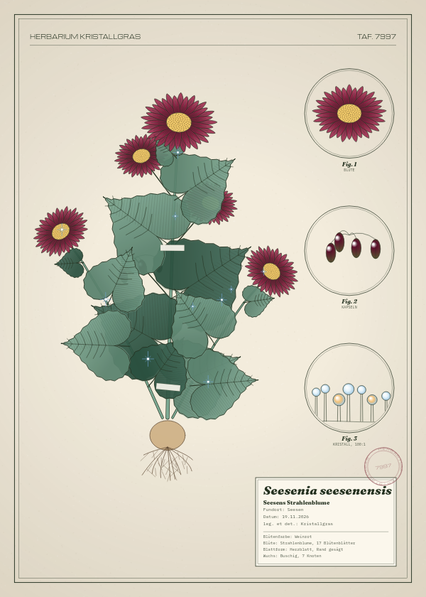 Botanische Tafel: Seesenia seesenensis, eine erfundene Pflanze aus Seesen, gezeichnet wie in einem alten Pflanzenatlas