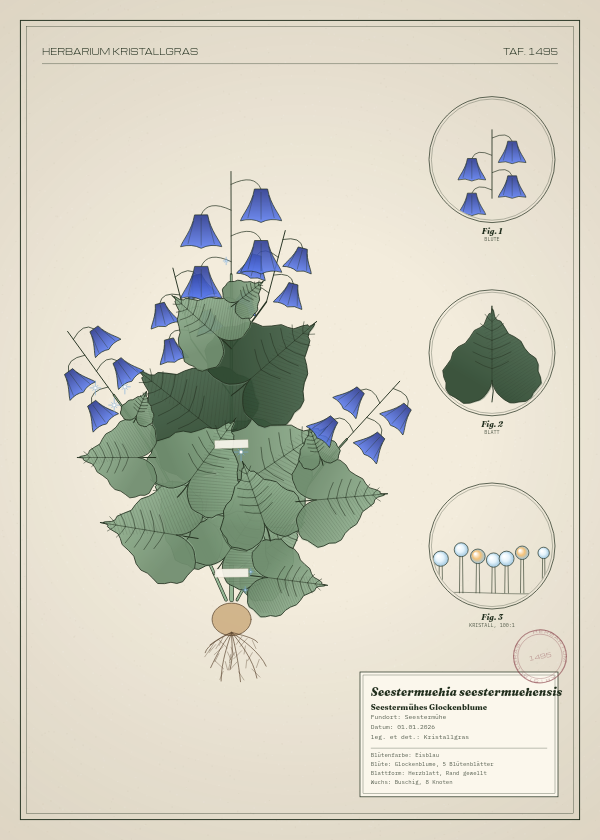 Botanische Tafel: Seestermuehia seestermuehensis, eine erfundene Pflanze aus Seestermühe, gezeichnet wie in einem alten Pflanzenatlas