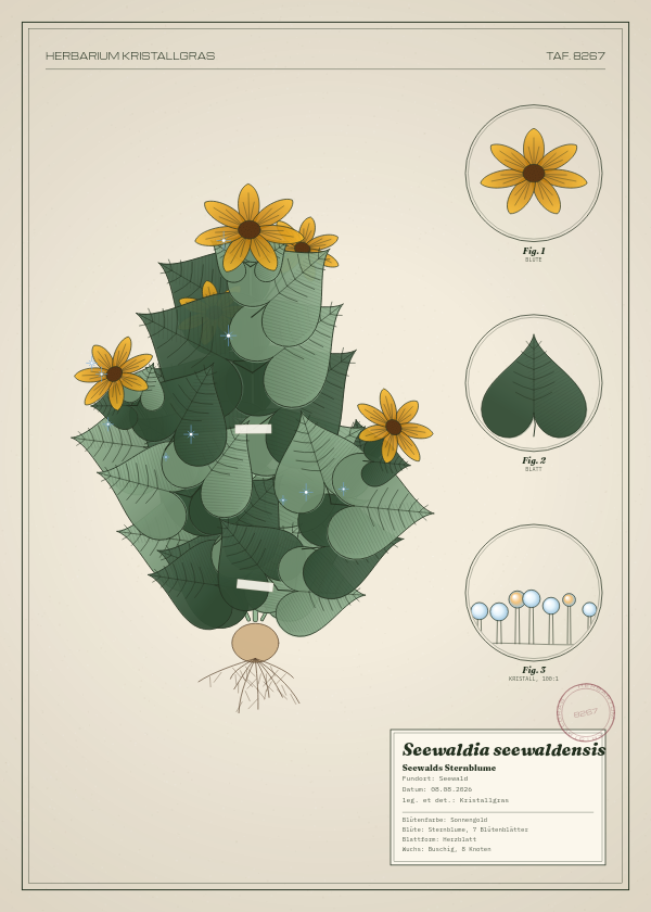Botanische Tafel: Seewaldia seewaldensis, eine erfundene Pflanze aus Seewald, gezeichnet wie in einem alten Pflanzenatlas