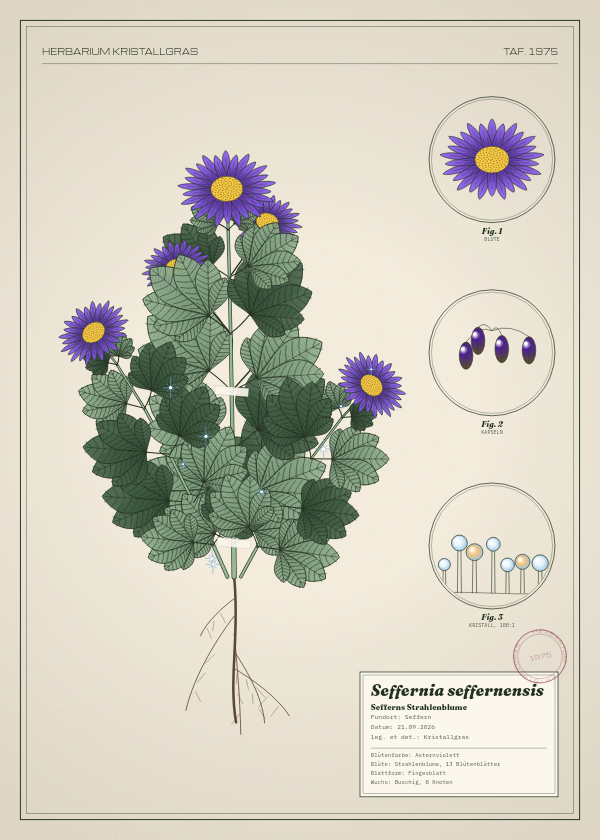 Botanische Tafel: Seffernia seffernensis, eine erfundene Pflanze aus Seffern, gezeichnet wie in einem alten Pflanzenatlas