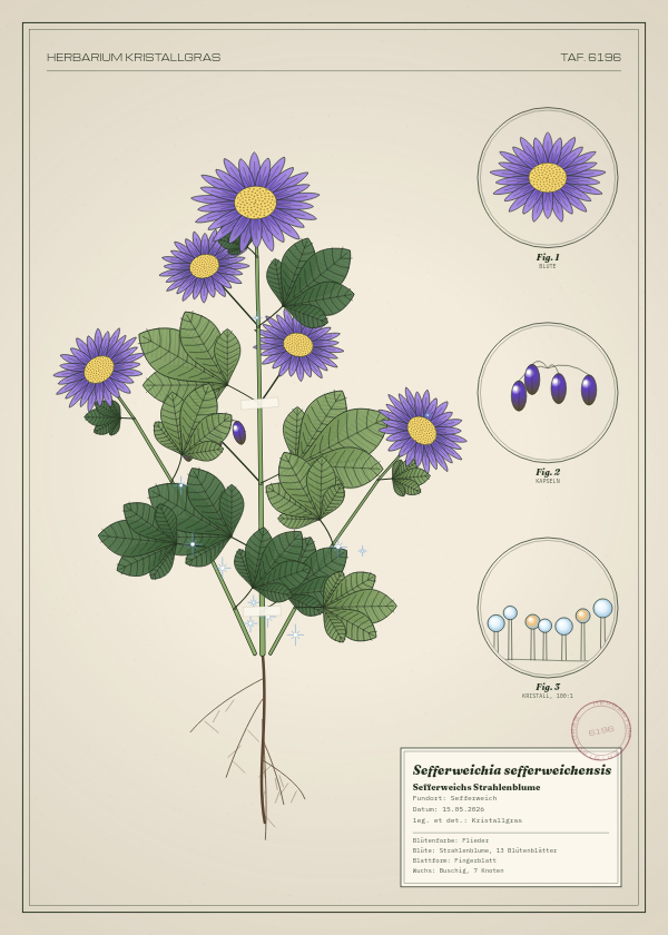 Botanische Tafel: Sefferweichia sefferweichensis, eine erfundene Pflanze aus Sefferweich, gezeichnet wie in einem alten Pflanzenatlas