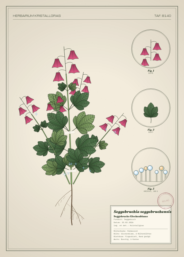 Botanische Tafel: Seggebruchia seggebruchensis, eine erfundene Pflanze aus Seggebruch, gezeichnet wie in einem alten Pflanzenatlas