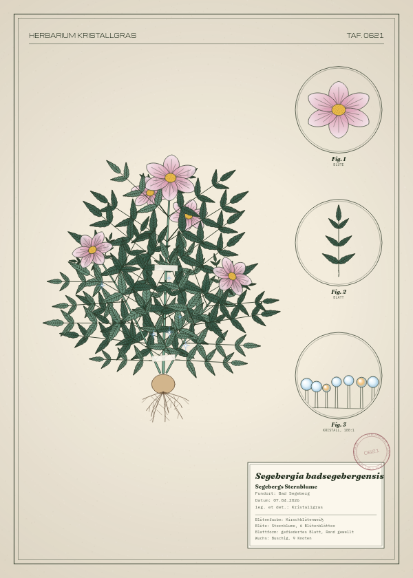 Botanische Tafel: Segebergia badsegebergensis, eine erfundene Pflanze aus Bad Segeberg, gezeichnet wie in einem alten Pflanzenatlas