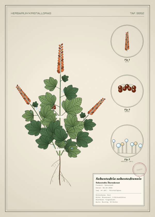 Botanische Tafel: Sehestedtia sehestedtensis, eine erfundene Pflanze aus Sehestedt, gezeichnet wie in einem alten Pflanzenatlas