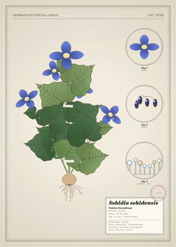 Botanische Tafel: Sehldia sehldensis, eine erfundene Pflanze aus Sehlde, gezeichnet wie in einem alten Pflanzenatlas