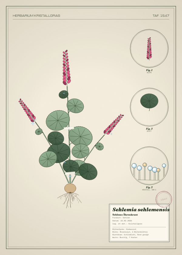 Botanische Tafel: Sehlemia sehlemensis, eine erfundene Pflanze aus Sehlem, gezeichnet wie in einem alten Pflanzenatlas