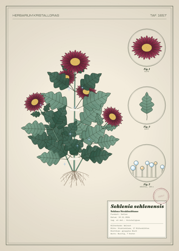 Botanische Tafel: Sehlenia sehlenensis, eine erfundene Pflanze aus Sehlen, gezeichnet wie in einem alten Pflanzenatlas